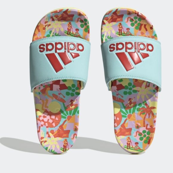 FARM Rio Shoes - NIB FARM Rio Slide Sandals Adidas Collaboration Women's Size 10 Blue Beach Print